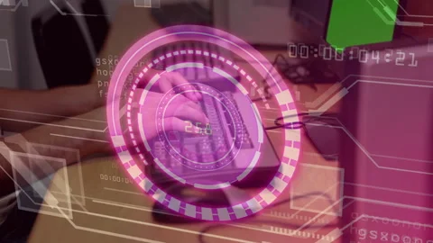 Person's hands starting tapping keypad, updating pink HUD readout for data entry Stock Footage 316191220