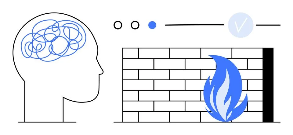 Persons head with tangled thoughts beside a brick wall and blue flame. Ideal  Stock Illustration