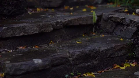A person's legs are walking down a stone staircase. Stockbeeldmateriaal 129748533