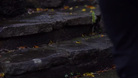 A person's legs are walking up a stone staircase. Stock Footage 129748461