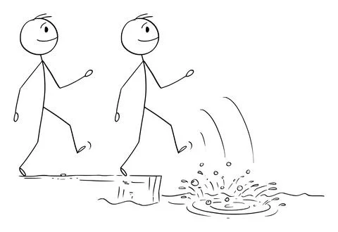 Persons or Businessmen Walking on Wrong and Dangerous Way, Vector Cartoon Stick Stock Illustration