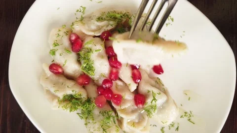 Person's point of view. The first perspective, eating Georgian gyurza dumplin Stock Footage 172090656