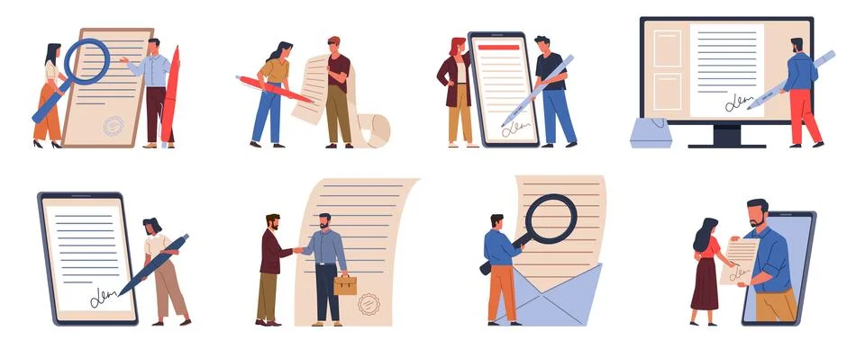 Persons sign documents. People conclude contracts, electronic and analog Stock Illustration