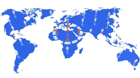 Persons on a world map with moving circles Stock Footage 50171378