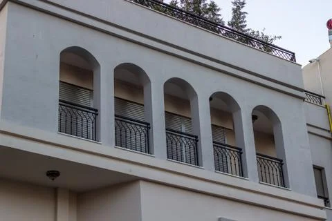 Perspective 2-storey building gray colored facade at Lesvos in Aegean region Stock-Fotos