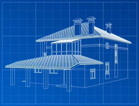 Perspective 3D render of building wireframe. Ilustración de archivo