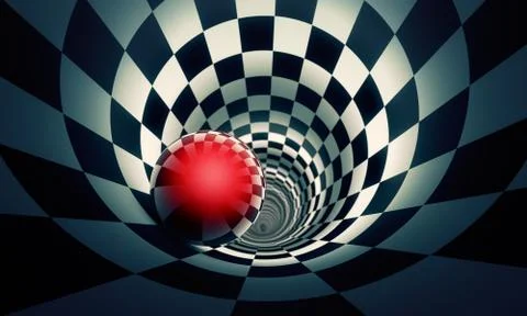 Perspective and predetermination. Red ball in a chess tunnel (concept image). Stock Illustration