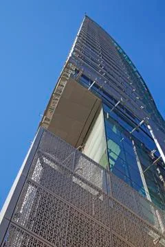 Perspective and underside angle view of modern glass building skyscrapers ove Stock Photos