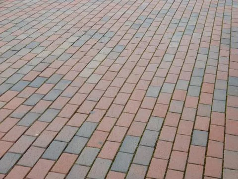 Perspective Angled View Red Gray Grey Brick Stone Street Road Sidewalk Pavem 스톡 사진
