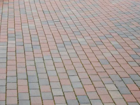 Perspective Angled View Red Gray Grey Brick Stone Street Road Sidewalk Pavem Stock-Fotos