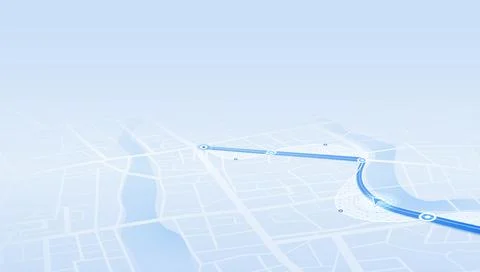 Perspective Blue City Navigation Map with Highlighted Route and Direction Stock Illustration