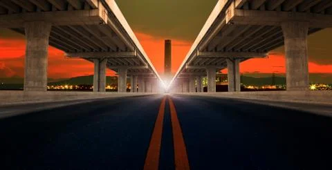 Perspective on bridge ram construction and asphalt raod isolated white backgr Stock-Fotos