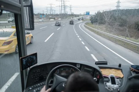 Perspective of a bus driver and bus traveling on Istanbul highway in Turkey Stock Photos