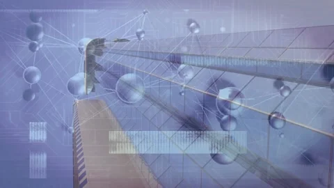 Perspective camera panning up glass tower causing emerging spheres forming Stock Footage 317185102