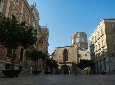 Perspective to the cathedral in Valencia Stock Photos