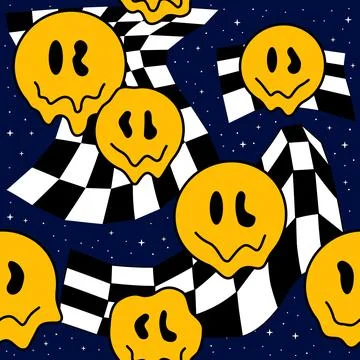 Perspective check grid,space,smile face,melt psychedelic acid seamless pattern Stock Illustration