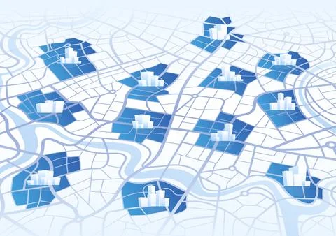 Perspective city map with 3d building zones and river path. Vector illustration. Stock Illustration