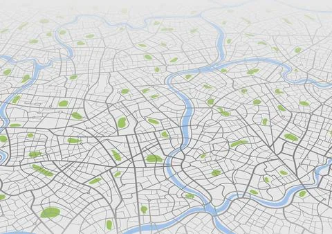 Perspective city map background featuring winding river and green park areas Stock Illustration