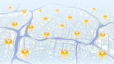 Perspective city map background with glowing orange GPS location markers Stock Illustration