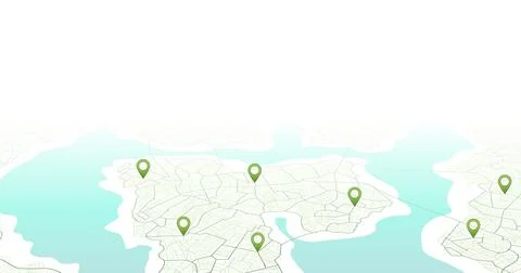 Perspective city map background with green navigation pins and copy space Stock Illustration