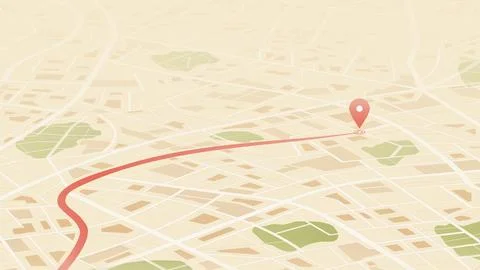 Perspective City Map in Beige Tones with Red Location Pin and Curved Route Line Stock Illustration