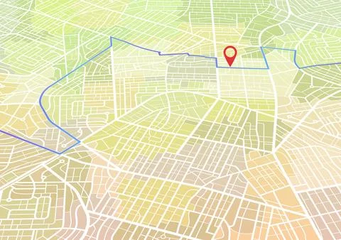 Perspective city map with blue route line and red destination pin 스톡 일러스트