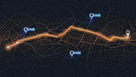Perspective city map with glowing orange traffic route and blue time markers Illustrazione stock