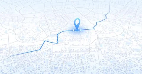 Perspective city map with navigation route and blue location pin. Isometric town Illustrazione stock