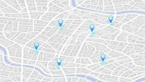 Perspective city map with scattered blue location markers. Vector Stock Illustration