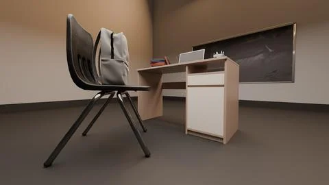 Perspective classroom view with desk, laptop, books, and gray backpack Stock Illustration
