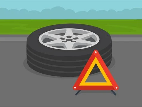 Perspective close-up summer tire and warning triangle. Stock Illustration