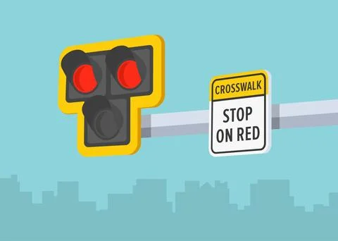 Perspective close-up view of a hawk crosswalk light and "stop on red" sign. Stock Illustration