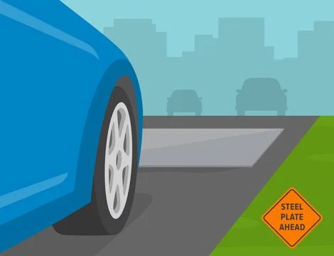 Perspective close-up view of a vehicle front tire and steel plate on road. Stock Illustration