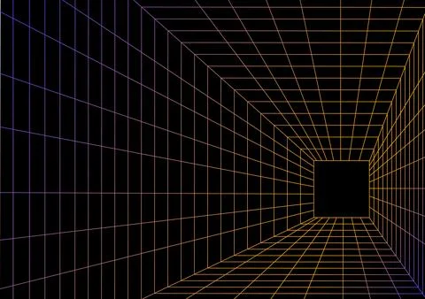 Perspective corridor grid retro wave geometric tunnel vector background purpl Stock Illustration