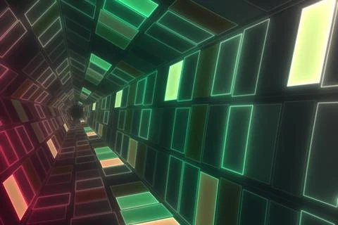 A perspective corridor of outlined rectangular panels narrows toward a dist.. Stock Illustration