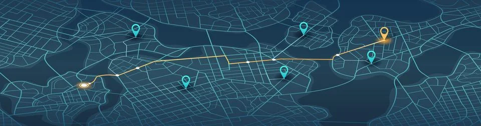 Perspective dark city interface showing main yellow route and alternative pins Stock Illustration