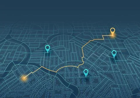 Perspective dark city map with orange navigation route and blue location pins Stock Illustration