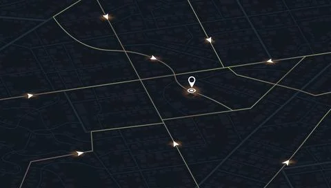 Perspective digital map showing converging glowing navigation paths and Stock Illustration