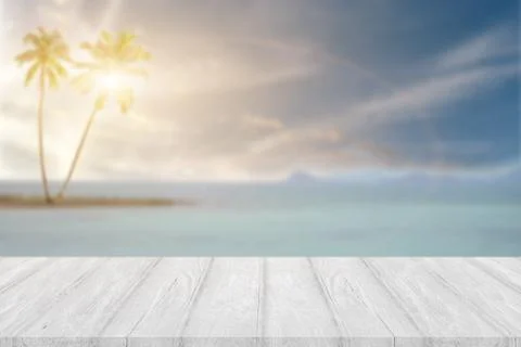 Perspective empty white wooden table on top over blur seascape background. Fo Stock Photos