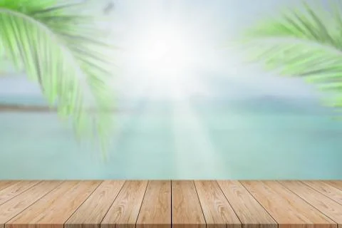 Perspective empty wood table on top over blur summer background. For montage  Stock Photos