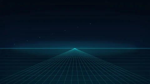 A perspective of a glowing neon cyan grid vanishing into a horizon line set.. Stock Footage 346326637