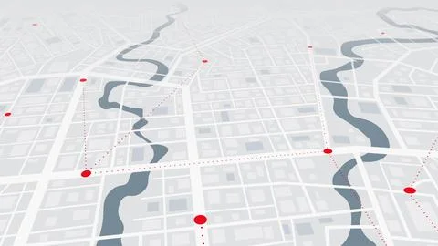 Perspective GPS navigation on a city map with red location markers. Vector Stock Illustration