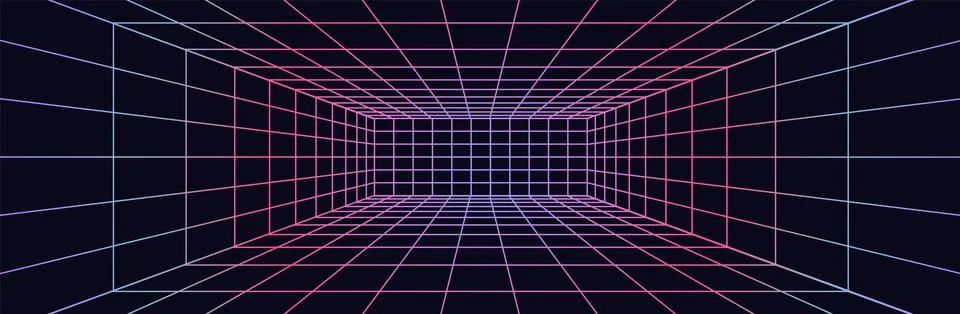 Perspective grid bg with 3D wireframe room effect. Gradient blue purple grid Stockillustratie