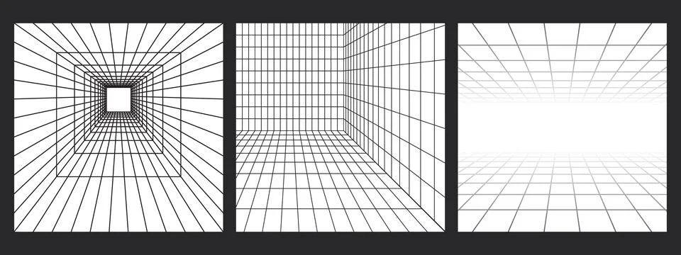 Perspective grid box set. Wireframe lines on dark background. Abstract 3D r.. Stock Illustration