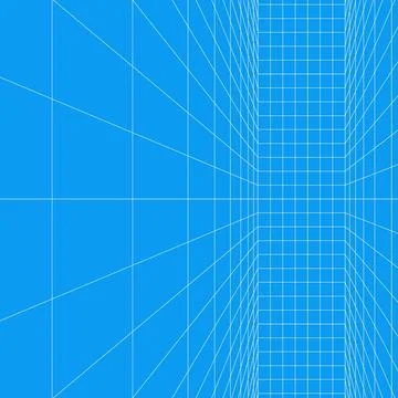 Perspective grid room background with blue geometric walls, floor lines, empty Stock Illustration