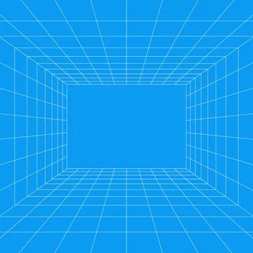 Perspective grid room background with blue geometric walls, floor lines, empty Stock Illustration