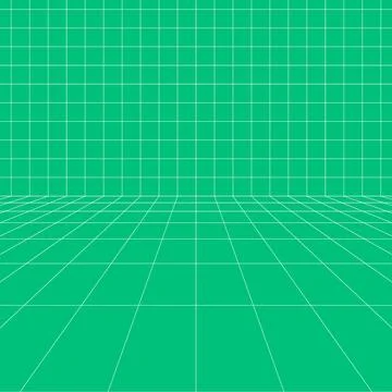 Perspective grid room background with green geometric walls, floor lines, empty Illustrazione stock