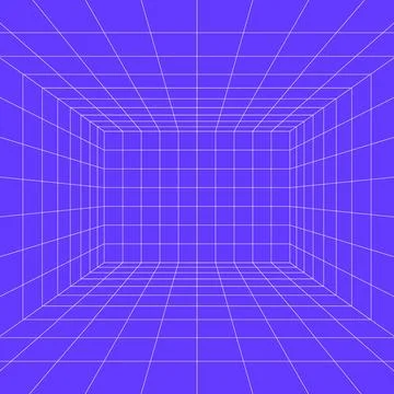 Perspective grid room background with purple geometric walls, floor lines, empty Stock Illustration