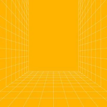 Perspective grid room background with yellow geometric walls, floor lines, empty Illustrazione stock