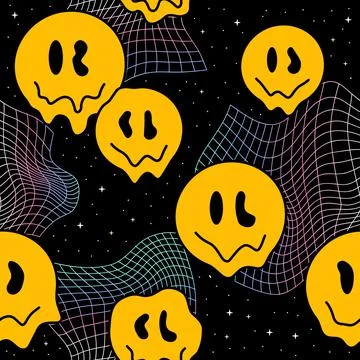 Perspective grid,space,smile face,melt psychedelic acid seamless pattern art Stock Illustration